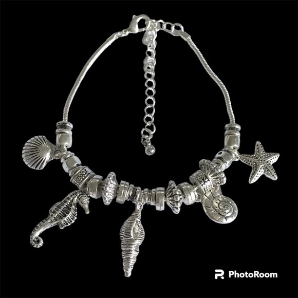 Seahorse Sea Life Charm Bracelet Shells Silver Plated Island 8-11" Plus Size - Picture 2 of 10